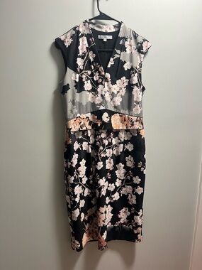 cleo Black Floral V-Neck Midi Dress with Blush Accents